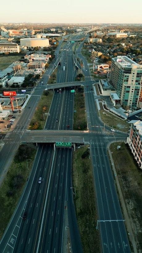 Highway and roads of a city in an aerial view.