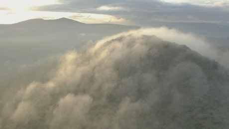 Hill covered with trees and mist in an aerial shot.