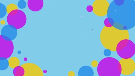 Intro animation with multicolor circles and ribbons.