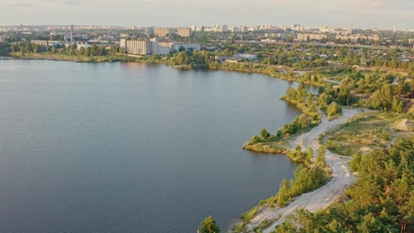 Lake near a city, aerial view