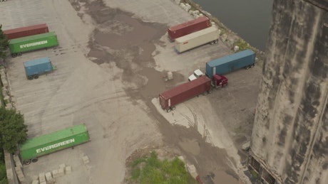 Land transport zone in a port, aerial shot