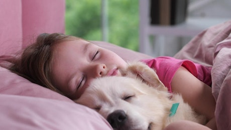 Little girl asleep with her dog.