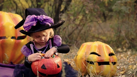 Little girl in witch costume examines her halloween candy.