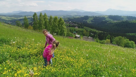 Little sisters play on the meadow