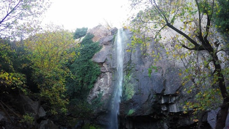 Low view of a large waterfall in a rocky forest