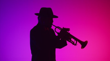 Man in a hat plays the blues on a trumpet.