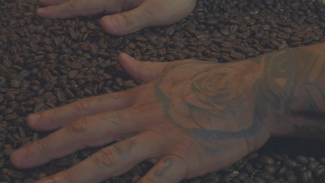 Man playing with coffee beans moving them with his hands.