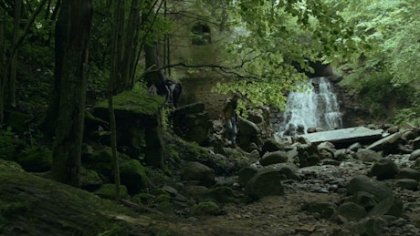 Man walks through jungle near a waterfall.