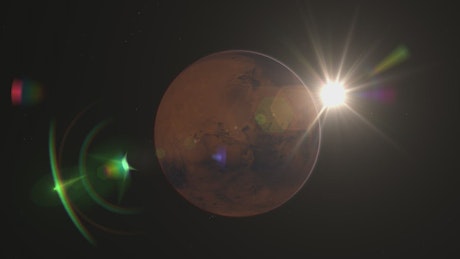 Mars rotating slowly around the Sun in Space.