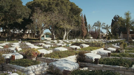 Military cemetery with graves of fallen soldiers.