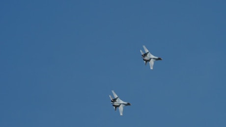 Military jets crossing the blue sky