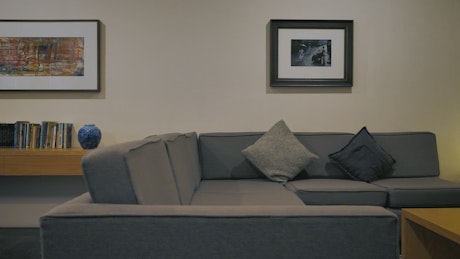 Minimalist room with gray sofa.