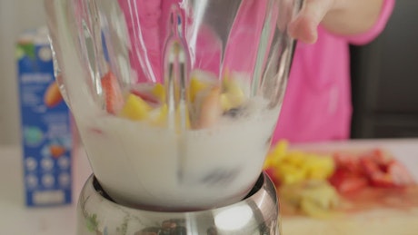 Mixing fruit and milk in a blender.