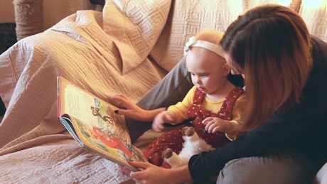 Mother reading her young child a storybook.