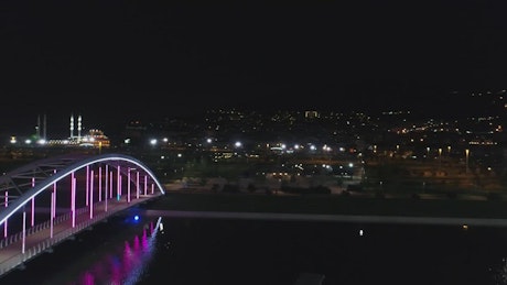 Neon lights along a bridge at night