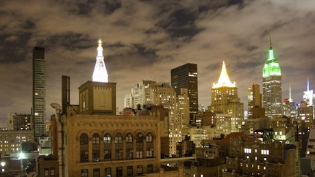 New York buildings at night.