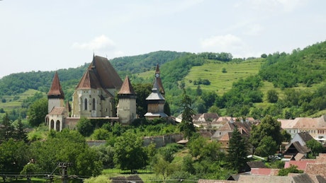 Old town with castle in the countryside.