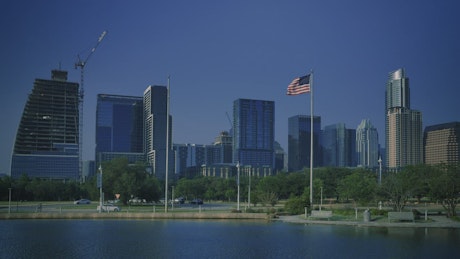 Panorama of a city from a nearby lake.