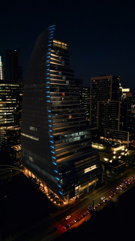 Panoramic aerial shot of a metropolis at night.