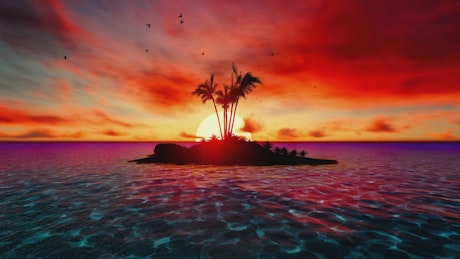 Paradise island in sea during a colorful sunset.