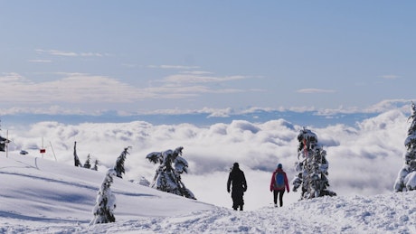 人们走在白雪皑皑的山顶上