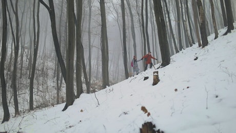 People walking through the woods in winter.