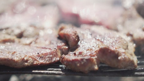 Person cooking meat on a grill
