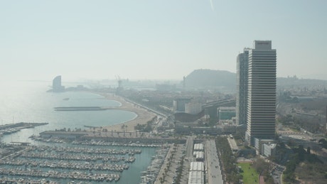 Port of boats and yachts on the coast of Barcelona