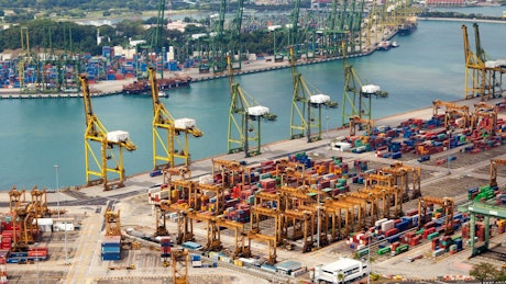 Port of Singapore with ships, cranes and containers.