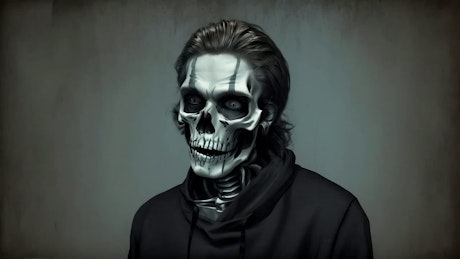 Portrait of a person with the aspect of a skelleton wearing ablack hoodie over a plain background.