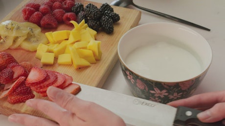 Preparing a bowl with yogurt and fruit.