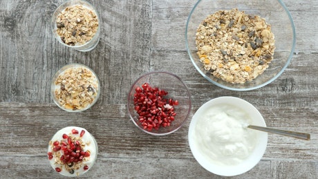 Preparing diet of whole grains and yogurt top view