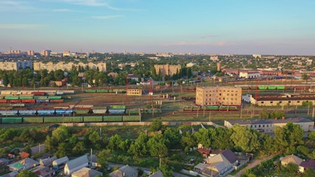Railway station with carriages, aerial shot
