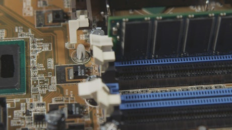 RAM slots on a motherboard.
