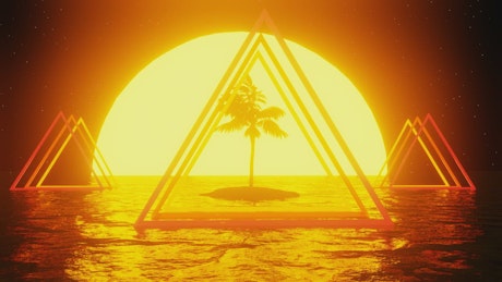 Redered VHS style triangles over palm island with sunset.