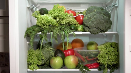 Refrigerator full of fruits and vegetables.