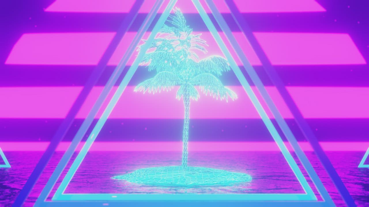 Retro 80s VHS style triangles spin over neon palm tree - Free Video
