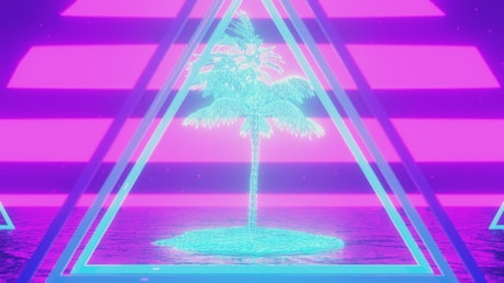 Retro 80's VHS style triangles spin over neon palm tree.