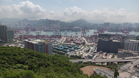 Roads and buildings near a ship port.