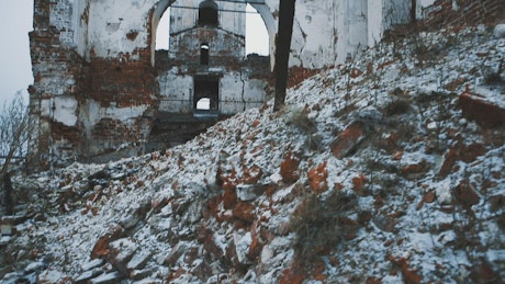 Ruins of an old church in the snow.