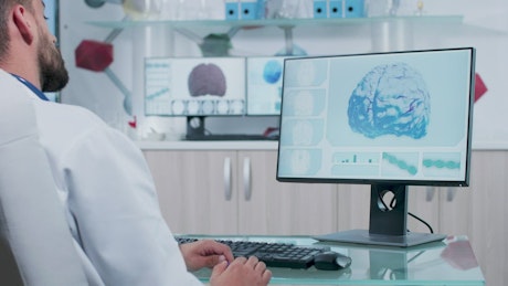 Scientist looks at 3D brain model on computer screen