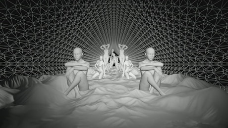 Sculptures of women in a virtual corridor, 3D.