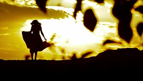 Silhouette of a woman in a dress that moves the wind.