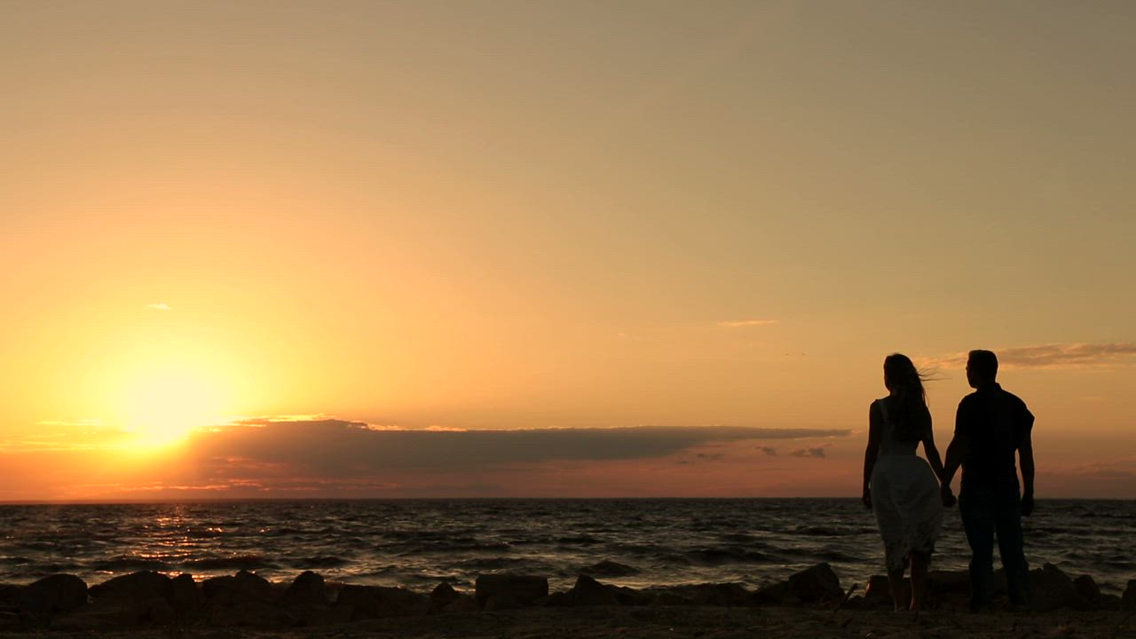 Silhouettes of a couple holding hands at sunset - Free Stock Video