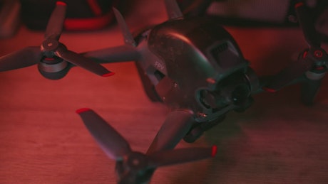 Small drone with a camera in a close shot.