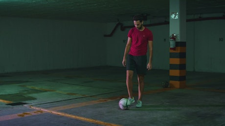 Soccer player doing complicated juggling with the ball.