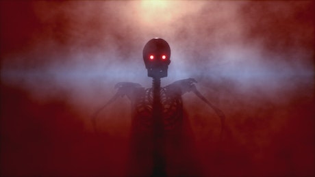 Spooky skeleton crawling through a red haze.
