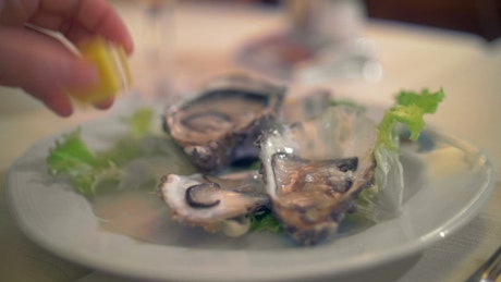 Squeezing lemon on fresh Oysters