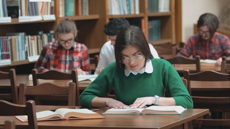 Students do academic research in college library.