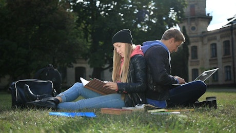 Students working on campus.